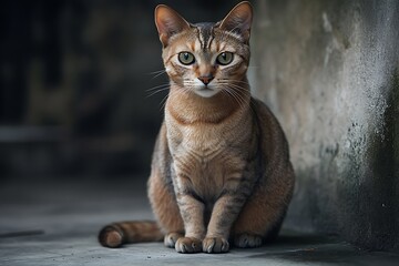 A tabby cat with green eyes sitting indoors looking directly at the camera with a serious expression
