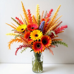 Obraz premium A stunning collection of dried flowers in warm hues showcases sunflowers, colorful grasses, and delicate blooms. Ideal for brightening any room or celebrating joyful occasions Generative AI