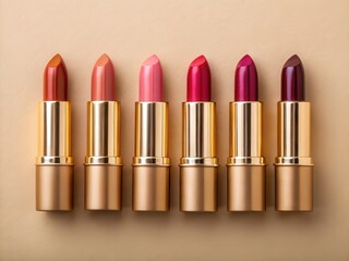 Obraz premium lipstick packaging mockup. Lipsticks in various shades arranged in a row on a neutral background.