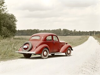 an old red car on the side of the road