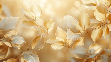 Golden autumn leaves on branches in soft light.