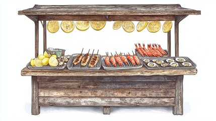 Rustic seafood stall with hanging citrus fruit.