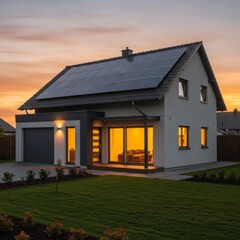 Modern Beige House with Solar Panels at Sunset