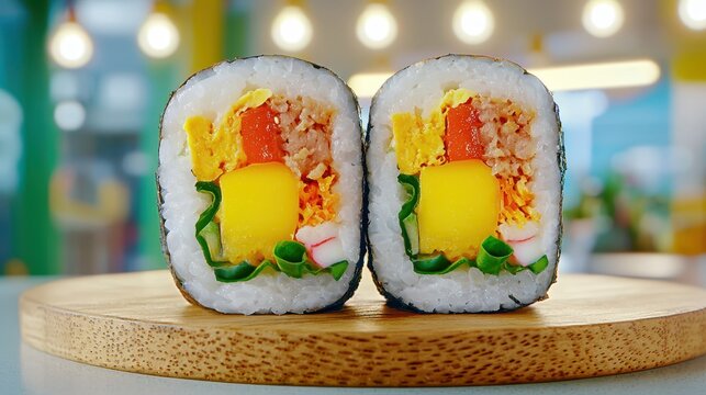 Colorful Sushi Roll with Tuna, Egg, and Mango on Wooden Board