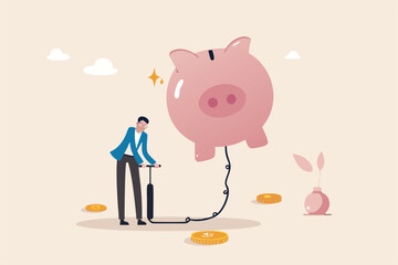 Saving or investment growth, money or financial deposit, wealth building, revenue increase or income, earning or profit, rich and prosperity concept, businessman inflate piggy bank to be bigger.