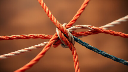 Intertwined cords, knot, connection, teamwork, abstract background, business concept