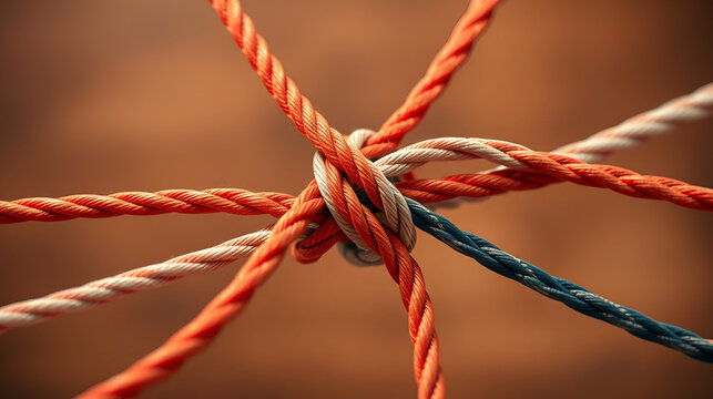 Intertwined cords, knot, connection, teamwork, abstract background, business concept