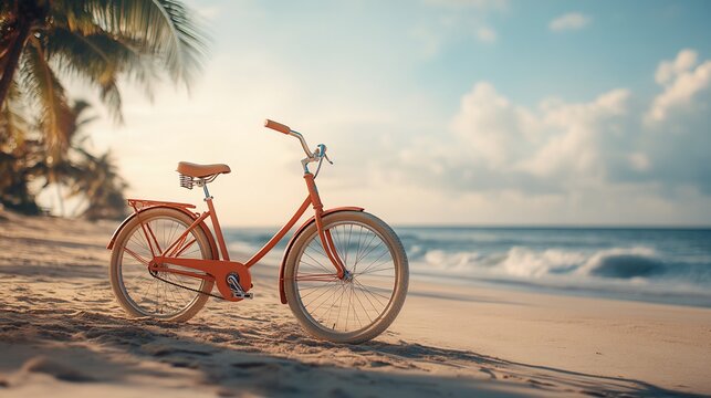 Orange bicycle on a tropical beach at sunrise