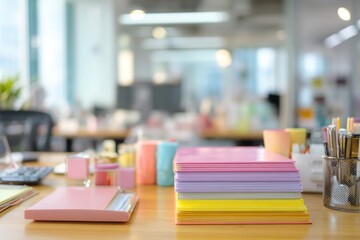 Colorful folders stack on office desk