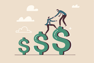 Increase profit, financial advisor help increase earning, income or revenue, growing wealth, profit growth or funding support, improvement or challenge concept, businessman help climb up dollar sign.