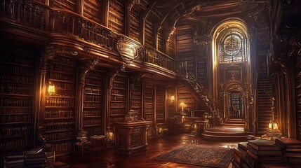 Grand Ornate Library: A Warm, Golden-Lit Masterpiece
