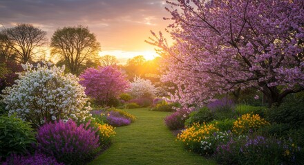 Serene Sunset Garden Bloom - A picturesque garden path winds through vibrant flowers and blossoming trees at sunset. Peaceful and idyllic spring scene