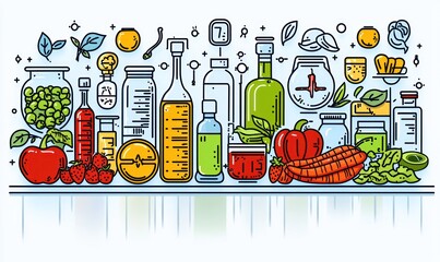 Vibrant illustration showcasing diverse healthy foods and related ingredients, emphasizing nutrition and balanced diet