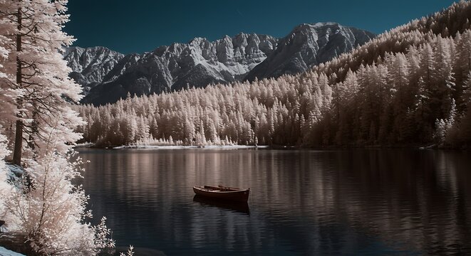 Serene Mountain Lake, Single Rowboat, Winter Landscape - Powered by Adobe