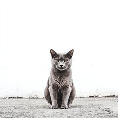 Gray cat sits centered against a plain white backdrop, front facing