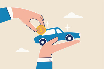 Car leasing or car loan, borrow money to buy new car, rental or auto maintenance cost, debt, purchase or buy new vehicle concept, businessman hand owner put dollar money coin into new car.