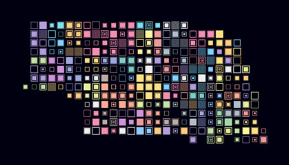 Nebraska, shape of the state built of colored cells. Digital style map of Nebraska on a dark background. Large size square blocks. Beautiful vector illustration.