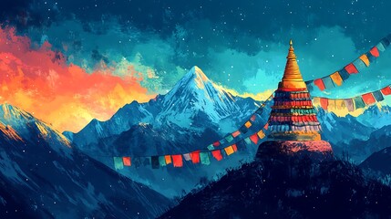 Himalayan stupa with prayer flags at sunset, serene spiritual landscape