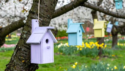 Pastel birdhouses hang sweetly from blossoming trees in springtime, evoking notions of home, nature, and new beginnings. Ideal for greeting cards or blogs.