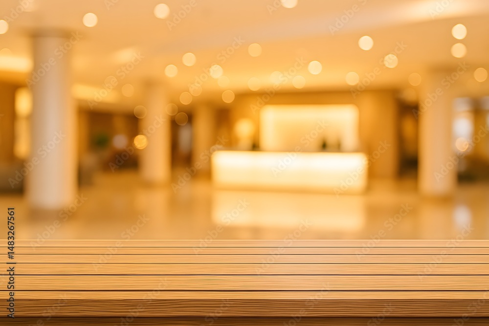 Aufkleber soft focus of empty wooden table in modern hotel lobby environment