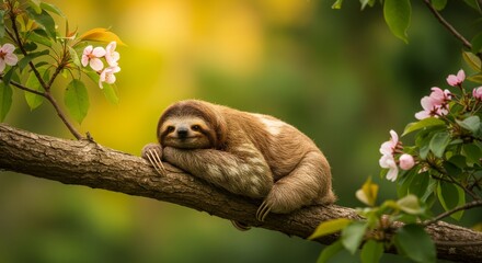 Obraz premium Sloth Relaxing on Branch - A happy sloth rests peacefully on a tree branch, surrounded by delicate pink blossoms. A tranquil nature scene