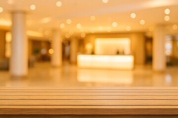 Soft Focus of Empty Wooden Table in Modern Hotel Lobby Environment