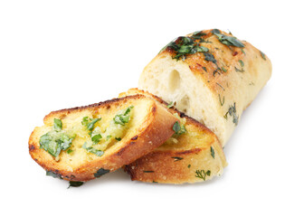 Tasty bread with garlic, herbs and oil isolated on white