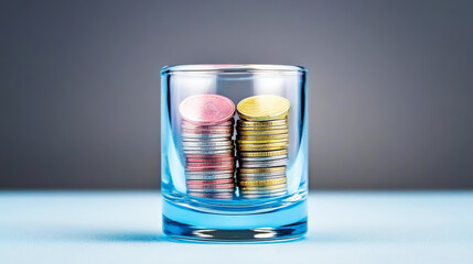Stacked coins filling glass jar, symbolizing financial growth, savings strategy, wealth accumulation against soft toned surface