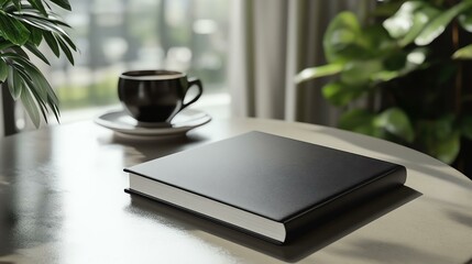 A realistic funeral condolence book binder mockup with a branded design, placed on a table