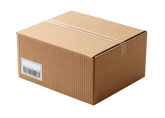 Delivery box with barcode and sticker label, ready to ship isolated on a transparent background.