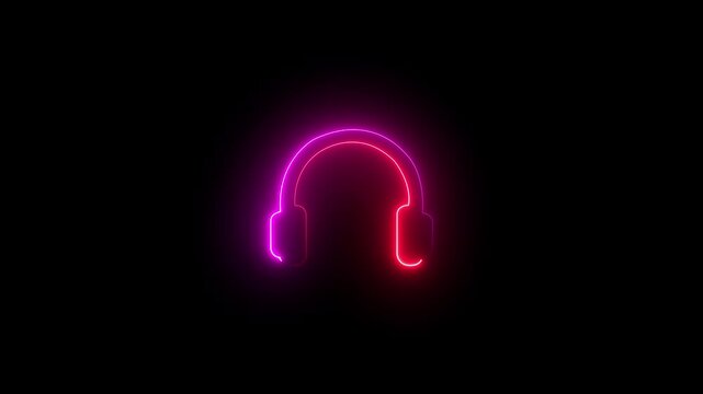 neon line headphones icon isolated on black background. Earphones. Concept for listening to music .Headset headphone icon and music symbol in 4K animation.