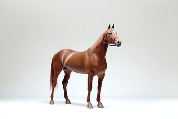 Obraz premium A brown horse standing in a bright white studio with a bridle looking towards the camera view point