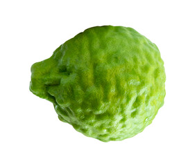 Single fresh green bergamot fruit or kaffir lime isolated in png file format