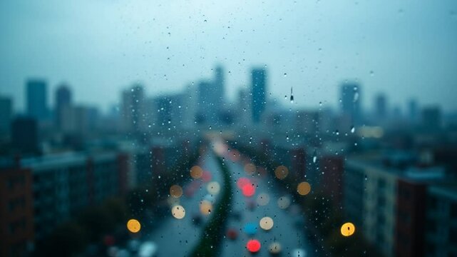 Rain drops pouring down on window glass with urban city skyline view on a rainy weather day