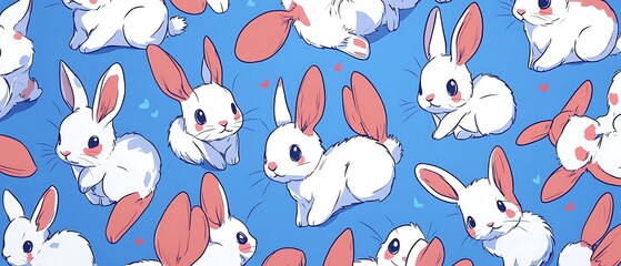 Cute cartoon rabbits on a blue background