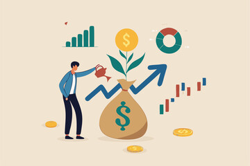 Investment growth, growing money to earn profit from savings, increase wealth from stock market or trading, mutual fund or assets concept, businessman watering grow money with rising financial chart.
