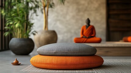 A realistic monk meditation cushion stitcher mockup with a branded design, placed on a table