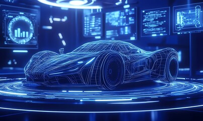 Futuristic car outline neon lines in digital interface, blue technology concept