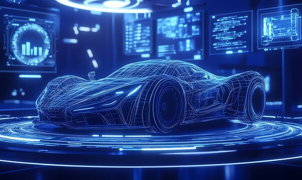 Futuristic car outline neon lines in digital interface, blue technology concept - Powered by Adobe