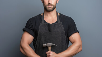 Serious blacksmith gripping steel hammer, wearing leather work apron, intense gaze against neutral gray backdrop