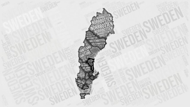 Sweden Animation. Visual effect of Sweden regions appearing in black and white word clouds style. Country intro video. Amazing Animated Motion Graphics.