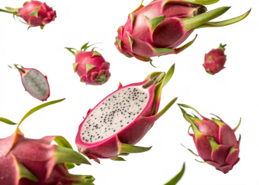 Dragon fruits falling mid-air isolated on a transparent background.
