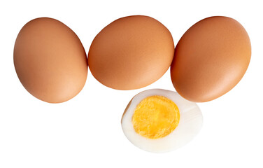 Front view of raw brown chicken eggs and cooked or boiled chicken egg with egg yolk in half in stack isolated in png file format