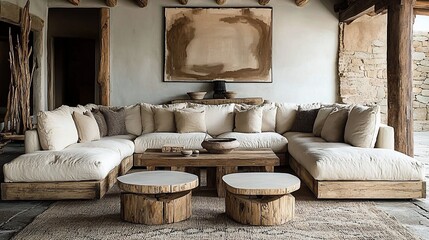 Rustic, modern sectional sofa in an open-plan living space with natural elements