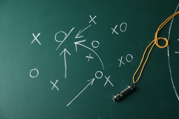Whistle on green chalkboard with game scheme, top view