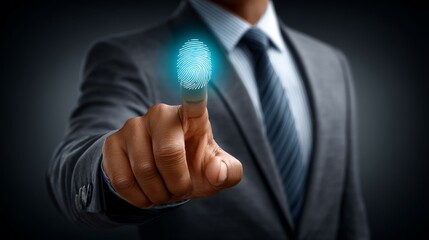 A man in a suit uses his glowing fingerprint to access a virtual biometric scanner, representing digital security.