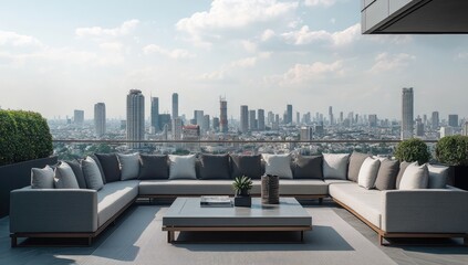 Rooftop lounge area with city view.  Modern sectional sofa set,  coffee table, and lush greenery, overlooking a vast cityscape
