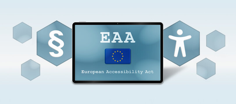 Illustration of the European Accessibility Act (EAA) on a tablet with EU flag, legal symbol, and accessibility icon. Concept image for digital inclusion and accessibility regulations in Europe.