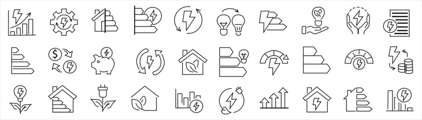 Outline icons related to energy efficiency. Linear icon collection. Editable strokes. Vector illustration