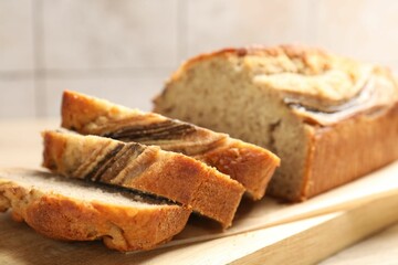 Pieces of banana bread on table, closeup